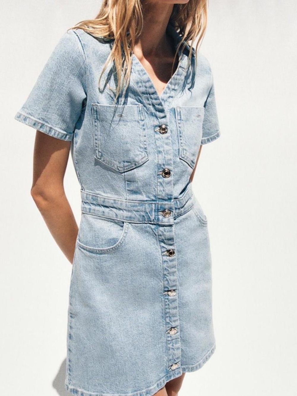 Zara Light Wash Denim Button-Front Dress